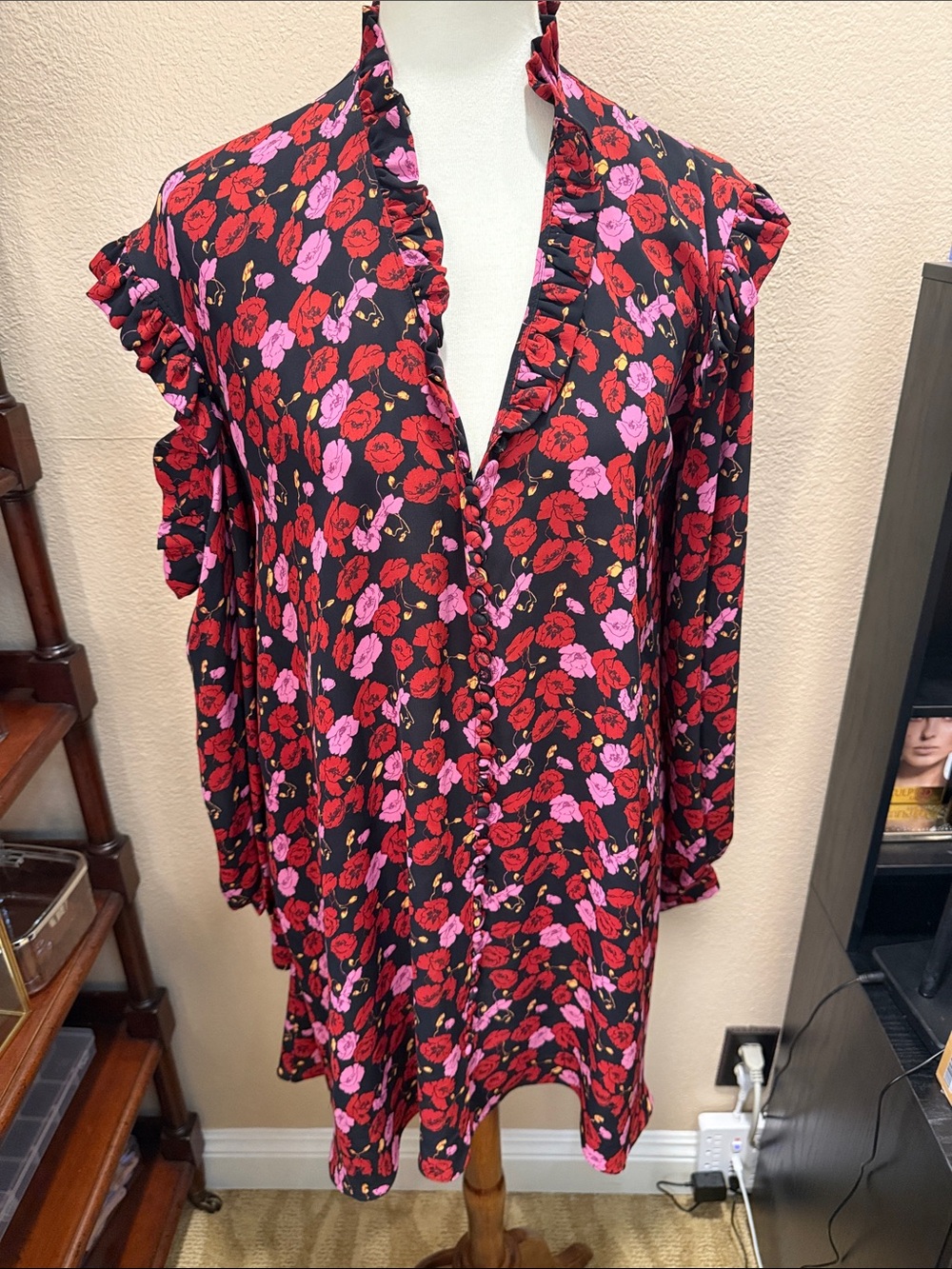 Magda Butrym Flowing Black Floral Ruffle V-Neck Top/Mini Dress in Red and Pink